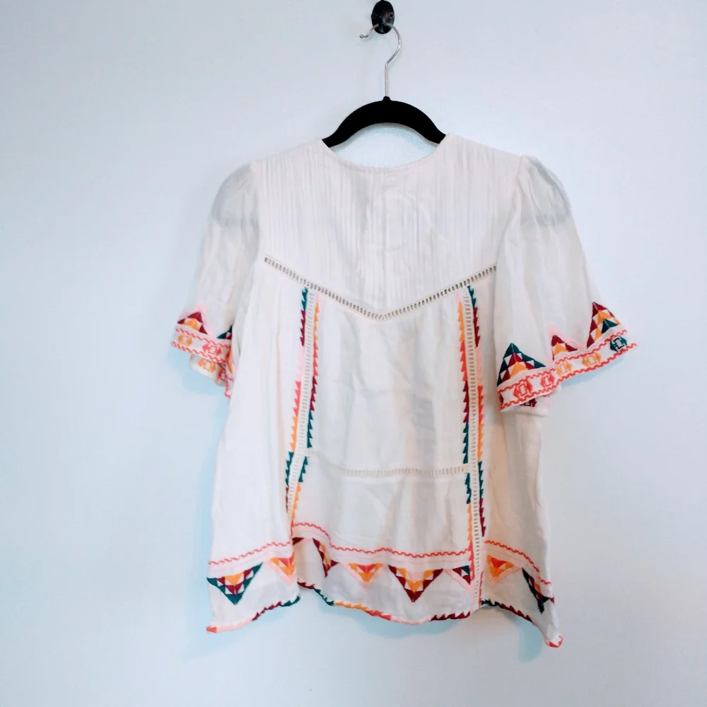 Tularosa Ingrid embroidered boho top from Revolve.  Has tassels in the front and